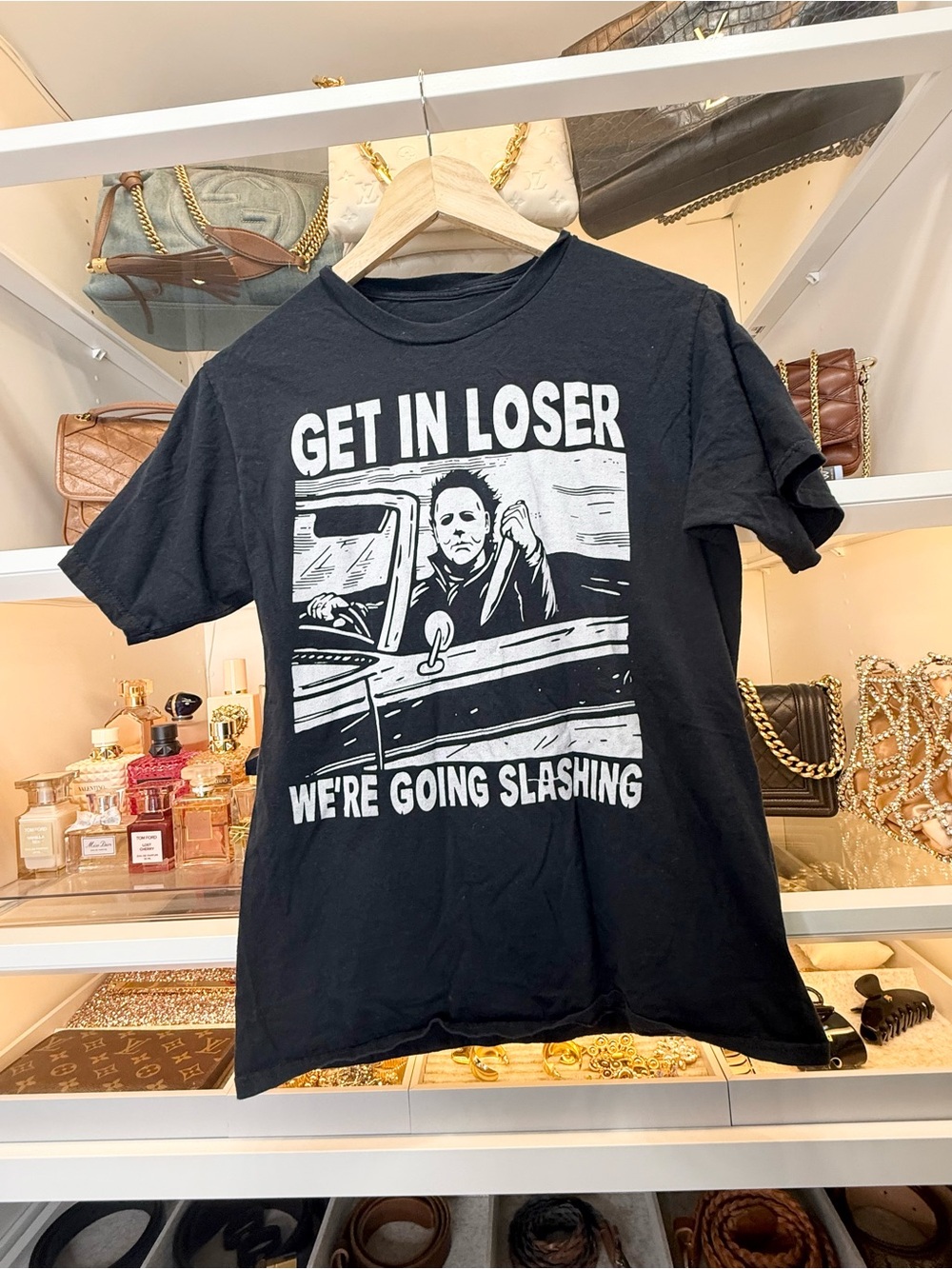 "Get In Loser" Horror Design Michael Myers Halloween Spooky Tee Size S Black